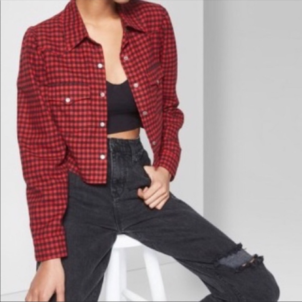 Cropped red and black flannel button up